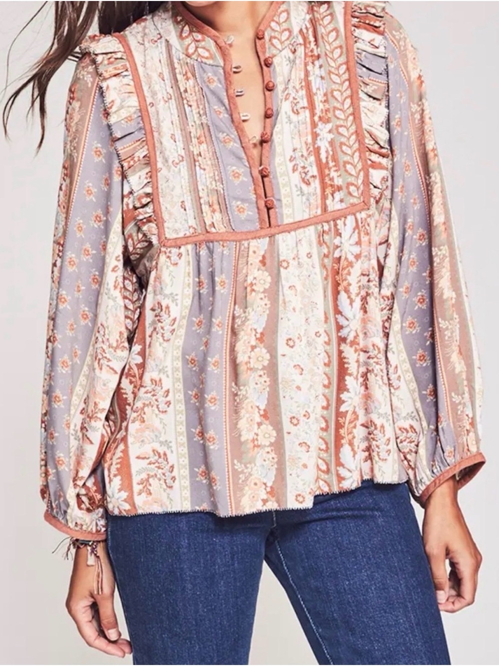 Faherty Sparrow Ruffle Trim Blouse Cotton Natural Boho Peasant XS